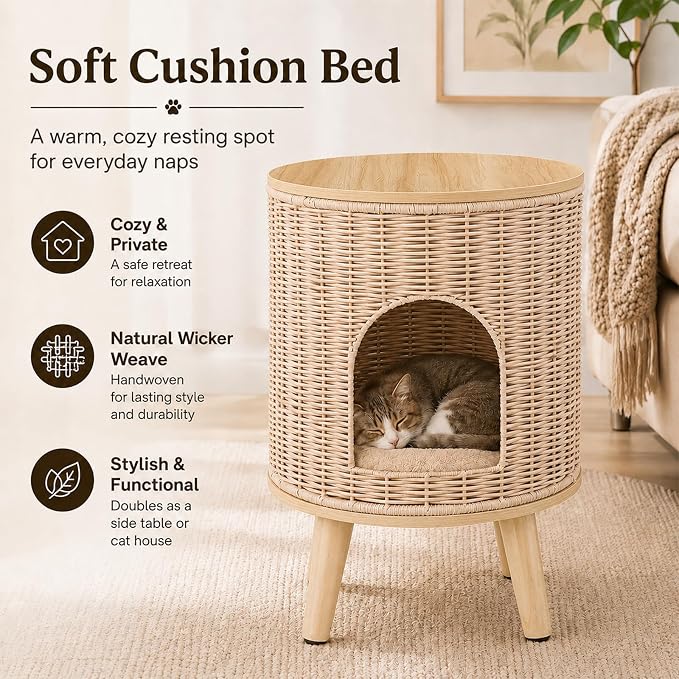 Rattan Cat House End Table, 2-in-1 Cat Bed Side Table, Stylish Pet Furniture for Indoor Cats in Living Room and Bedroom (Natural, 15.7”L x 15.7”W x 22”H)