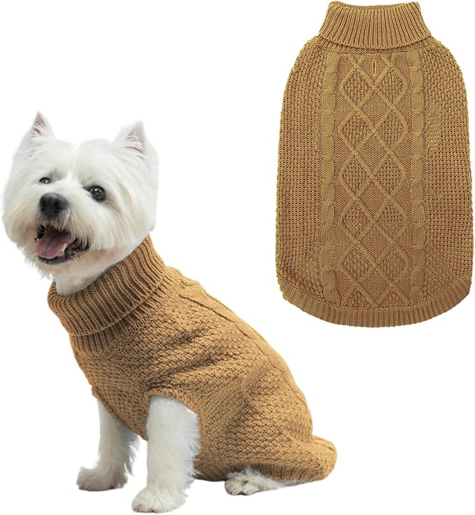Mihachi Turtleneck Dog Sweater - Winter Coat Apparel Classic Cable Knit Clothes with Leash Hole for Cold Weather, Ideal Gift for Pet in New Year Khaki X-Small