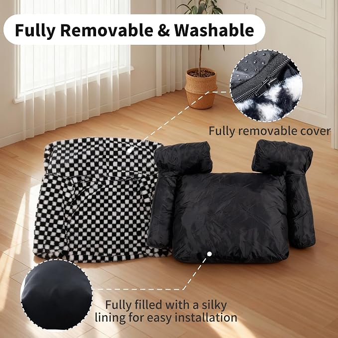 Faux Fur Cat & Dog Sofa Cat Couch Mini Cat Bed Indoor Human Style Pet Sofa, Modern Pet Furniture for Cats, Washable ＆ Removable Cover, for Cats and Small Medium Dogs (Black/White, Medium(24X19 inch))