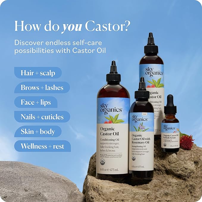 Sky Organics - Castor Oil Organic - Volumizing Hair Oil - Scalp, Lashes, Brows - Pure Castor Oil Cold Pressed - Natural Conditioner - Omega Fatty Acids, Vegan - Beauty, Hair Care, & Self Care - 8oz