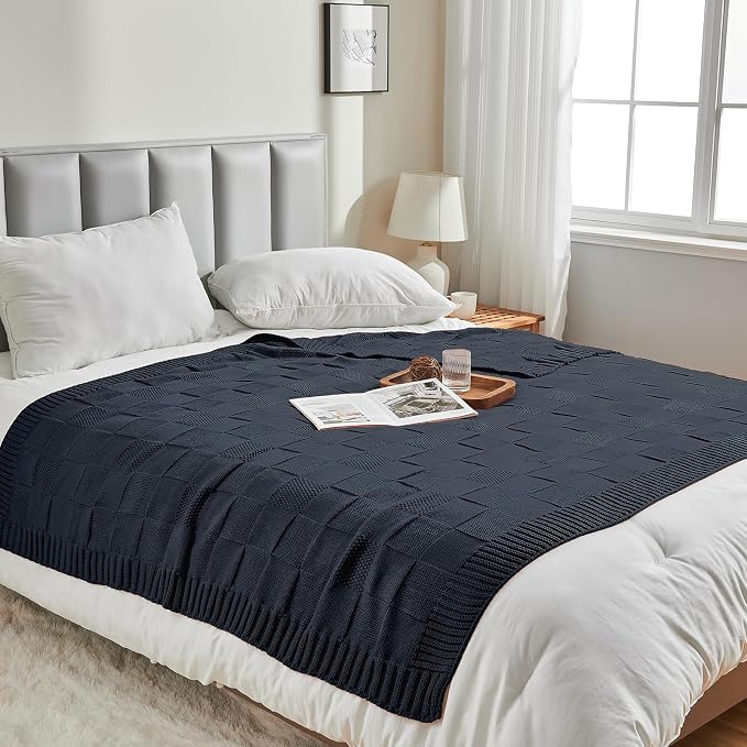 CozeCube Navy Blue Knitted Checkered Throw Blanket 60"X80" | Check Knit Throw for Couch, Decorative Christmas Soft Cozy Warm Blanket for Bed Sofa Living Room