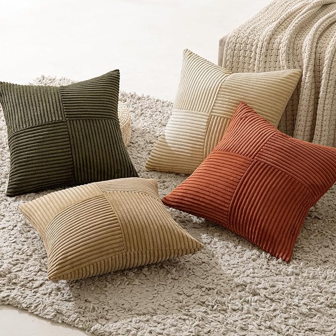 MIULEE Rust-Olive Green Decorative Throw Pillow Covers 16x16 Inch Set of 4 Boho Color-Clash Cushion Cases Farmhouse Pillow Cases Corduroy Striped Home Decor for Couch Sofa Living Room Bed