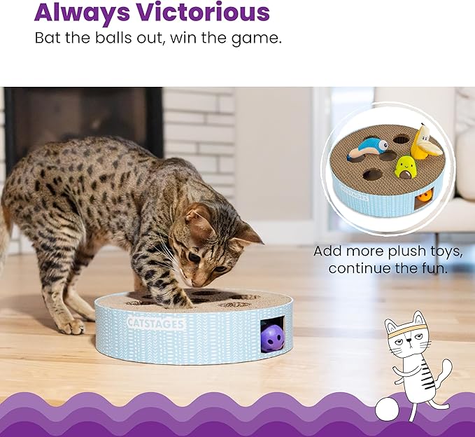 Catstages Scratch N' Hunt Interactive Cat Puzzle Toy with Scratcher, 11" | 7 Hunting Holes, 3 Balls, Corrugated Scratching Pad for Nail Care, Engages Hunting Instincts, Enrichment for Cats & Kittens