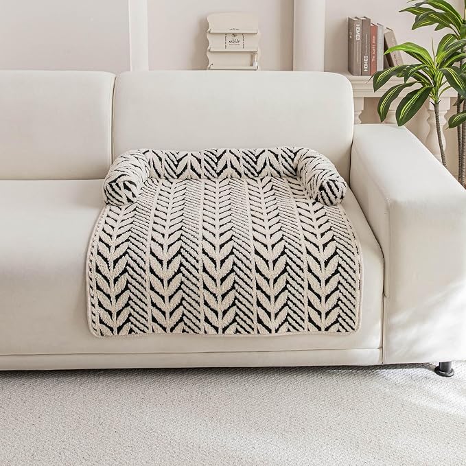 Cat Bed Blanket with Pillow, 31.5''x35.5'' Washable Pet Sofa Cover, Couch Protector Pet Blanket Cat Mat, Non-Slip Furniture Protector Mat (Black & White Leaf-Patterned)