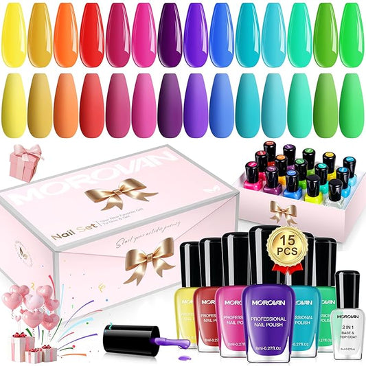 Morovan Nail Polish Set Fingernail: 2026 Nail Gift Kit Bright Rainbow Color Air Quick Dry Regular 0.27oz Finger Nail Polish Pack with Base Top Coat Christmas Winter Holiday Manicure for Women Girl