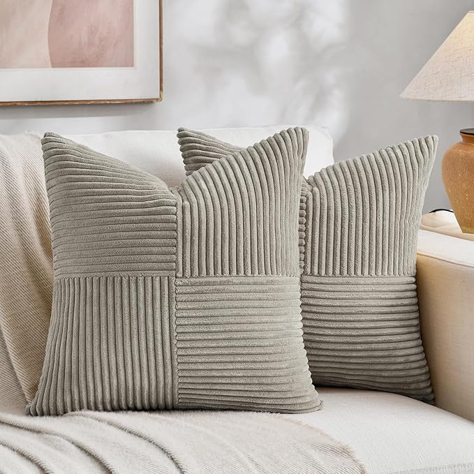 Fancy Homi Neutral Grey Samll Decorative Throw Pillow Covers 14x14 Inch with for Couch Bed Sofa, Rustic Farmhouse Boho Home Decor, Soft Corss Patchwork Corduroy Square Cushion Case 35x35 cm