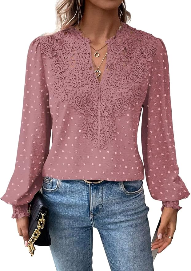 Womens Tops Swiss Dot Boho Long Sleeve Shirts V Neck Casual Chiffon Blouses Flowy Lace Hem Cute Clothing Trendy 2026