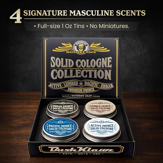 Premium Prince Solid Cologne 1 oz Variety Gift Set Alcohol Free Natural Concentrated Full Size Travel Friendly Tins Men's Fragrance 4 Manly Scents to Satisfy all Types of Viking Cannon Black Prime