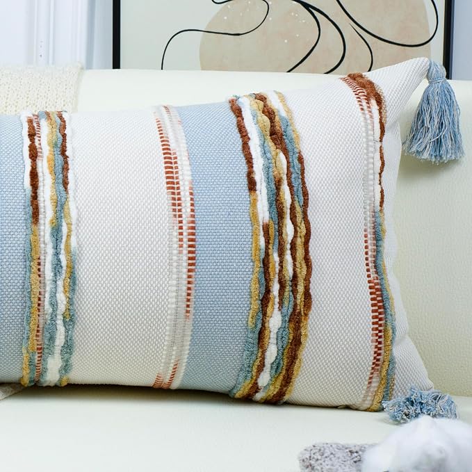 PANOD Chenille Farmhouse Throw Pillow Covers 18 x 18 Blue Brown, Neutral Boucle Couch Pillow Cover, Striped Decorative Boho Coushion Cover Pillow Case for Couch Bed Sofa Bedroom,Modern Accent,Set of 2