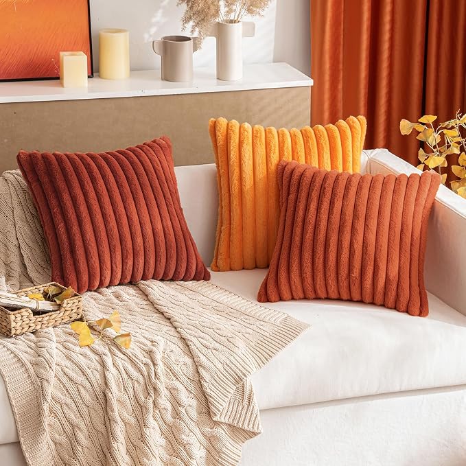 MIULEE Fall Faux Fur Decorative Throw Pillow Covers 16x16 Set of 2 Rust | Vintage Boho Fall Modern Soft Plush Couch Pillows, Cozy Fluffy Cushion Covers for Sofa Bed Living Room Home Decor