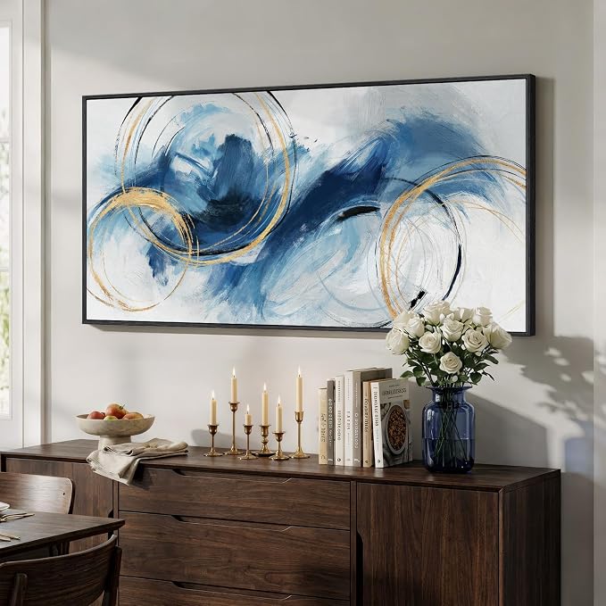 Extra Large Framed Navy Blue Abstract Canvas Wall Art for Living Room, Minimalist Modern Prints Paintings Artwork for Walls, Horizontal Contemporary Pictures Wall Decor for Bedroom, Office, 30x60 In