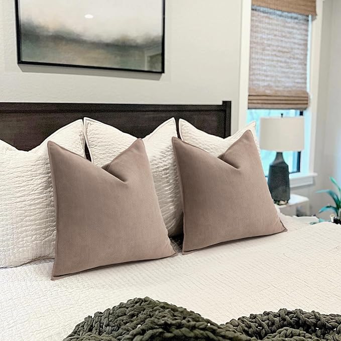 Khaki Pillow Covers 18x18 Set of 2 Chenille Throw Pillow Covers with Elegant Design Soft and Luxurious Decorative Throw Pillows for Couch, Bed, and Home Decor