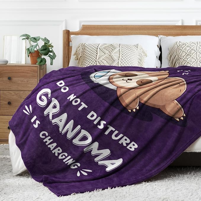 Leebbsin Funny Gifts for Grandma, Grandma Birthday Gift from Grandkids | Grandma is Charging Sloth Blanket 60" x 80", Purple, Grandmas Gift for Christmas Mothers Day, Soft Sloth Blanket for Grandma