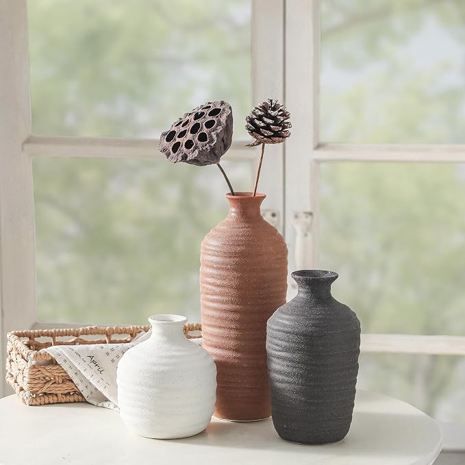 Dobbyby Ceramic Vase Set of 3 Neutral Decorative Vase for Farmhouse, Boho, or Rustic Home Decor Pottery Vases for Pampas Grass Living Room Bedroom Table Mantel Entryway Shelf (01-Brown)