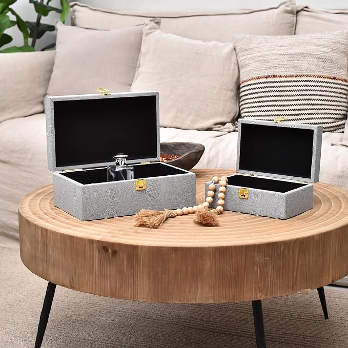 Faux Shagreen Leather Decorative Storage Boxes Set of 2, Light Grey | for keeping precious keepsakes, trinkets, jewelry and other small items organized and out of sight