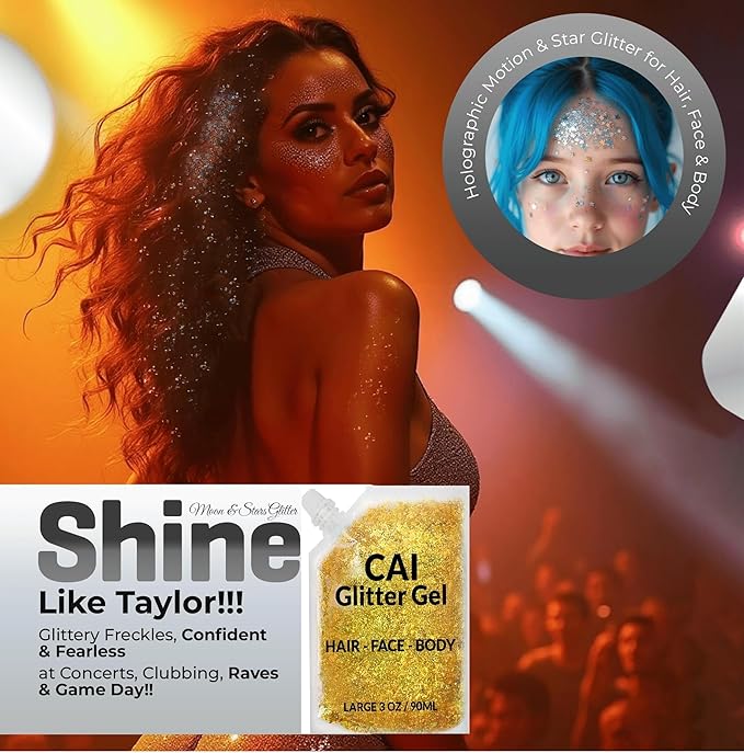 Face, Body & Hair Glitter Gel – Halloween Glitter for Kids and Women – 3 Oz Cosmetic-Grade Gel w/Moon & Stars for Festivals & Halloween Party, Easy Apply & Wash Off - Gold 1Pack