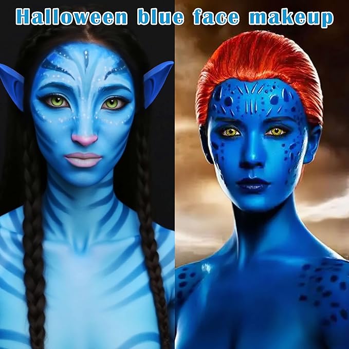 8pcs Avatar Makeup Kit,Navy Blue White Face Paint, Royal Blue Face Paint for Smurf Mystique Cosplay,Lip Gloss,White UV Eyeliner, Short Elf Ears,Single Eyeshadow,Halloween Body Paint Set with 2 Sponges