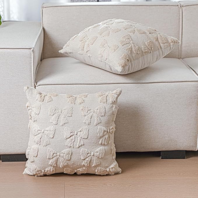 Mixweer Beige Bow Pillow Covers Set of 2 Preppy Room Decor Coquette Cute Spring Summer Decorative Faux Fur Soft Bowknot Stuff Fluffy Plush Aesthetic Pillowcase for Bed Sofa Couch (18 x 18 Inch)