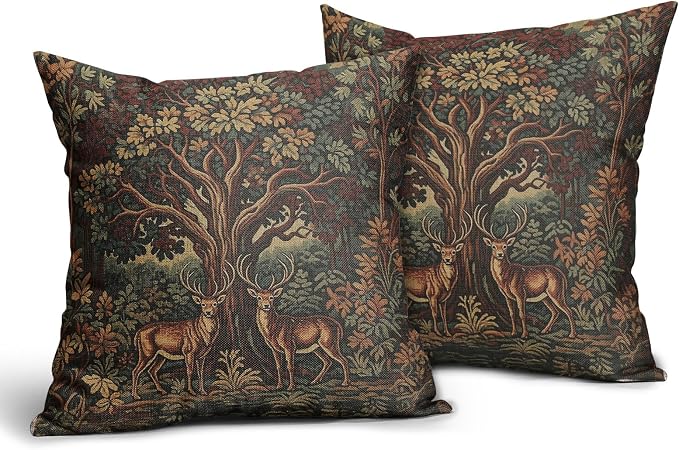Forest Deer Pillow Covers 24X24 Inch Set of 2 Nature Burnt Orange Green Tree Animal Decorative Square Pillow Cases Aesthetic Rustic Botanical Cushion Case Farmhouse Home Decor for Sofa Couch