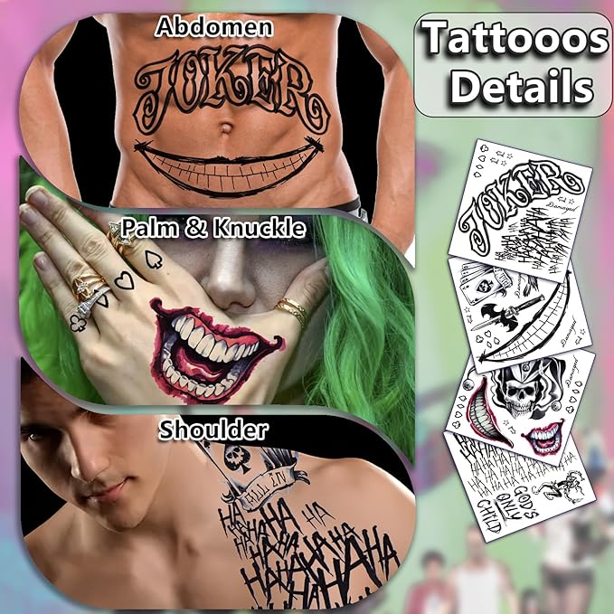 Joker Tattoos Temporary Halloween - 14 Sheets Temporary Tattoos for Kids Men Fake Tattoo Stickers Joker Costume Masquerade Cosplay Party Accessories Makeup Waterproof