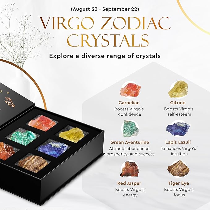 Wyspell Virgo Crystal Set - 6 Raw Virgo Crystals and Healing Stones - Zodiac Gifts for Women - Virgo Birthday Gifts for Women - Astrology Gifts for Women - Zodiac Crystal Set - Healing Gifts