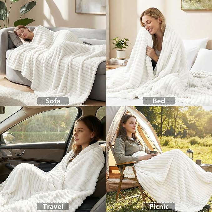 HIMEET Off White Queen Blanket for Bed, 300GSM Ribbed Fleece, 90 x 90 in | Ultra Soft Flannel, All-Season Lightweight Warmth, Cozy Bed Coverage & Bedroom Decor, Gift for Men & Women, Machine Washable
