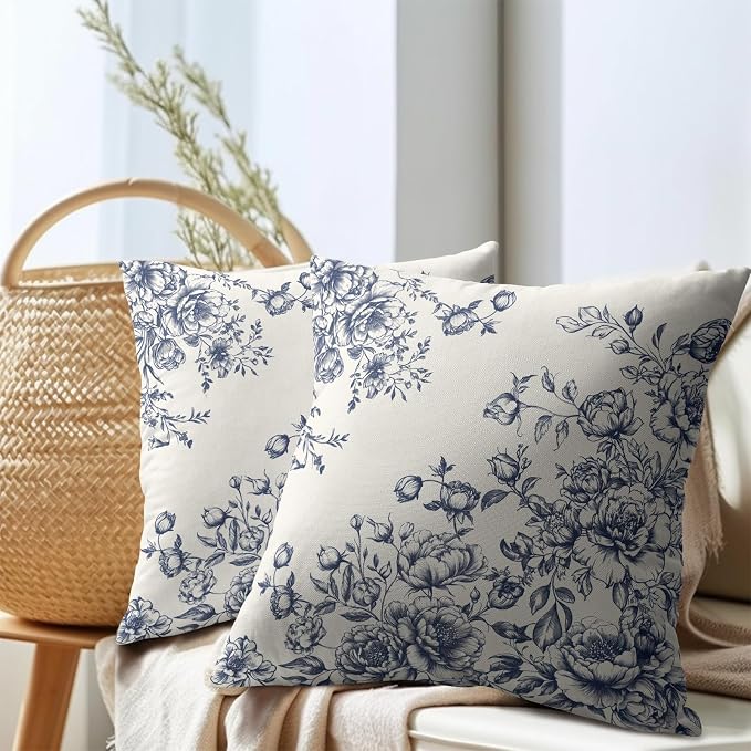 Kawani Chinoiserie Floral Throw Pillow Covers Set of 2, 20x20 Inch Blue White Vintage Flower Pillowcase Outdoor Decorative Cotton Linen Cushion Covers for Couch Sofa Bed Home Decor