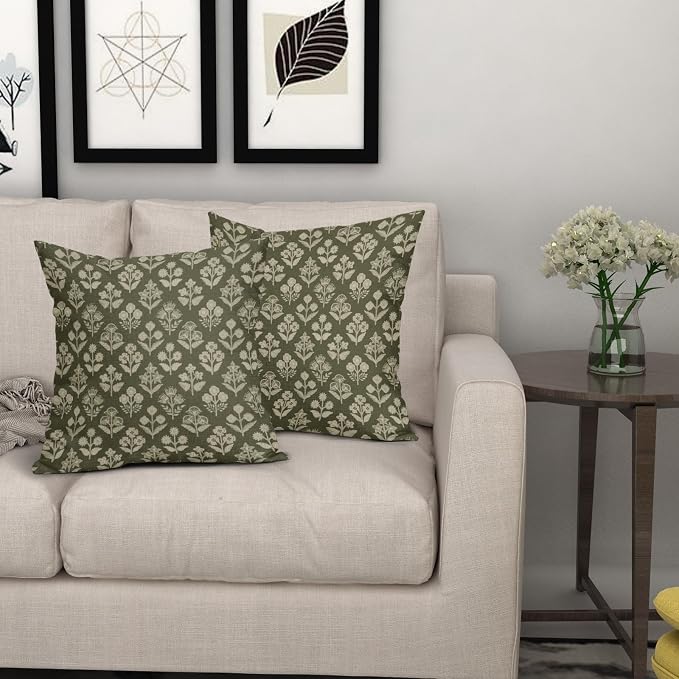 Olive Green Pillow Covers 24x24 Inch Set of 2, Vintage Flower Block Print Pattern Decorative Throw Pillowcases Outdoor Farmhouse Cushion Covers Spring Summer Rustic Sofa Couch Bed Decor