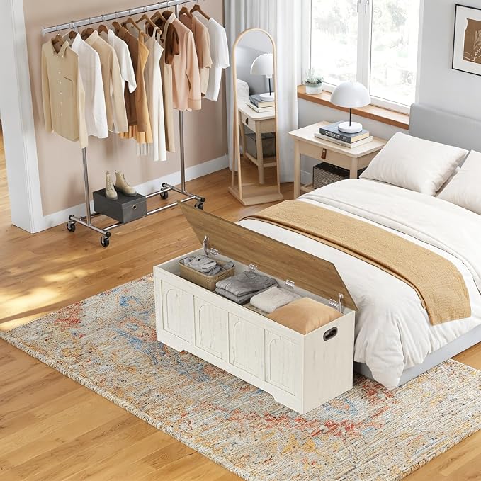 Storage Chest, Wooden Toy Box, Honey Brown & Rustic White 50.0" L | Extra Large Storage Bench, 2 Soft-close Hinges, Finger-safe Flip-Top Lid, Easy Assembly, Farmhouse Trunk, Living Room/Bedroom