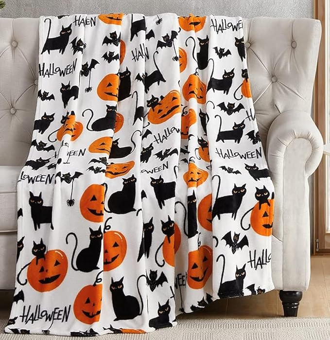 Halloween Fleece Throw Blanket, Cute Black Cats, Bats & Pumpkins, 50x70 in | Ultra-soft cozy flannel fleece, for sofa couch bed chair & dorms, spooky Halloween décor, durable and machine washable.