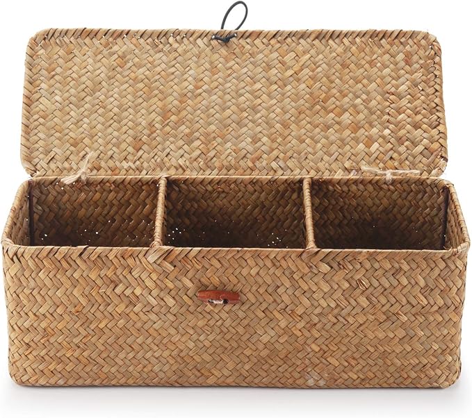 Seagrass Storage Basket with Lid Rectangular Small Woven Shelf Baskets with Sections for Organize Snack Toys Tampon