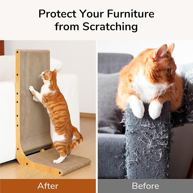 FUKUMARU Cat Scratcher for Indoor Cats, 32.7 Inch L Shaped Cat Scratch Pad | Extra Large Cardboard Cat Scratcher for Wall Sofa, Vertical Cat Scratching Board with Ball Cat Toy, Tall Cat Scratching Post