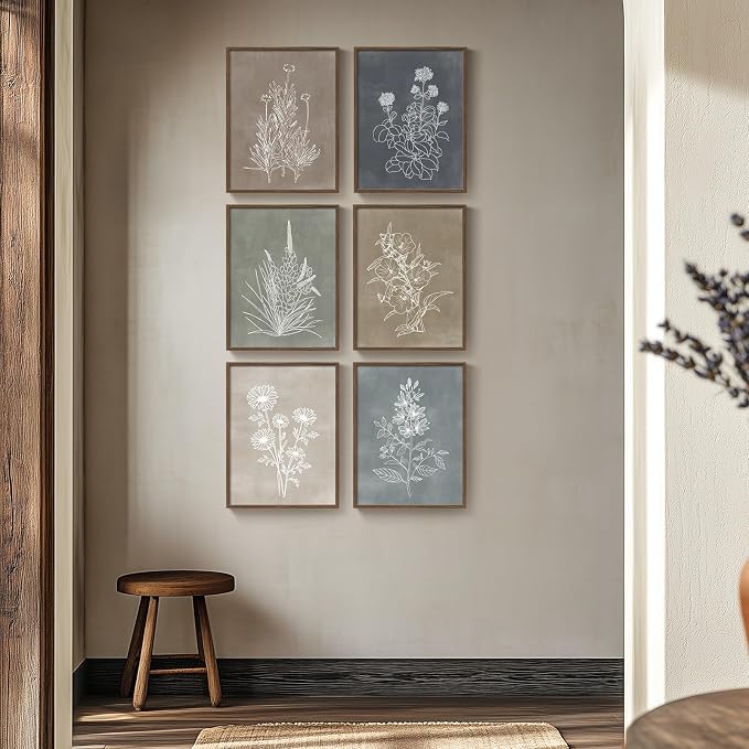 Framed Boho Botanical Wall Art for Living Room, 6 Piece Modern Farmhouse Neutral Floral Canvas Painting Prints, Minimalist Vintage Flower Plants Line Artwork for Bedroom Hallway Wall Decor, 11x14 In