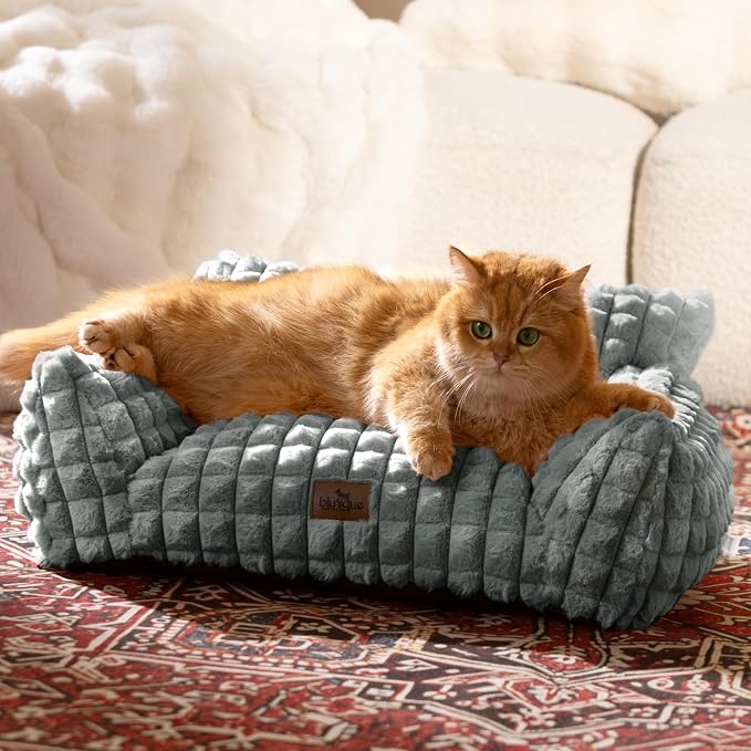Cat Couch Bed with Fluffy Faux Rabbit Fur for Indoor Cats, 24 Inch | Cute Fuzzy Pet Sofa With Washable Cover For Puppy Kitten, Suppportive Cozy Pets Couch in 3D Diamond Pattern, Grey