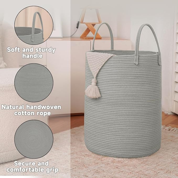 JMvicyroam 60L Cotton Rope Laundry Basket Hamper, Grey | Collapsible laundry basket, reinforced handles, freestanding, machine washable, holds 3-5 thick blankets, clothes or toys