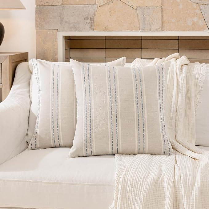 Hckot Dusty Blue Throw Pillows Covers 22x22 Decorative Stripe Pillow Covers | Set of 2 Farmhouse Decorative Pillows Textured Square Cushion Covers for Sofa Couch Bed Living Room Decor