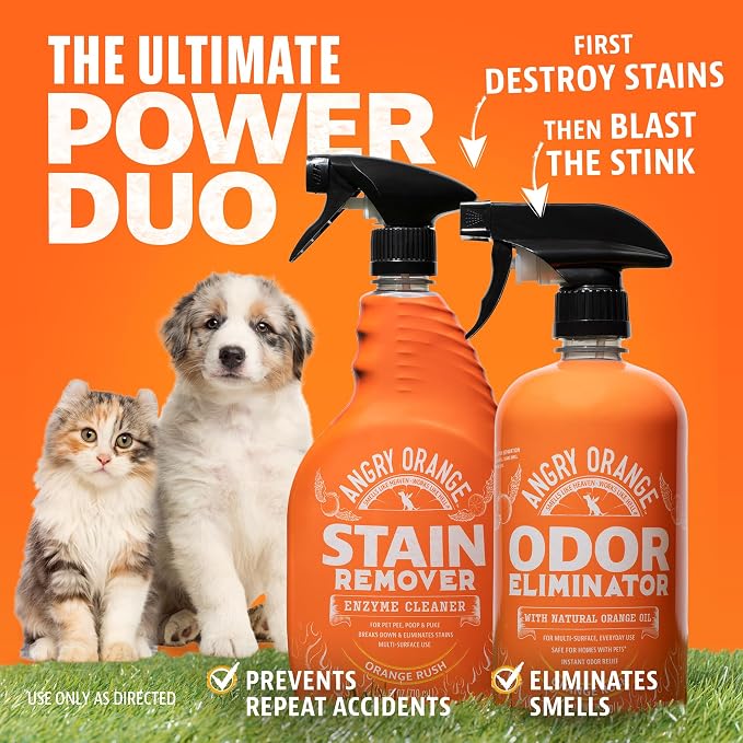ANGRY ORANGE Pet Odor Eliminator for Dog and Cat Urine, Carpet Stains, and Strong Smells – NEW Orange Rush Scent – Citrus Cleaner with Natural Orange Oil – 24 oz
