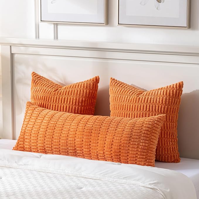 Fancy Homi Decorative Throw Pillow Covers for Bed Couch Bedroom Bench, Soft Corduroy Solid Pillow Case, Rustic Farmhouse Boho Room Decor,36" x 14" (Pack of 1),Orange