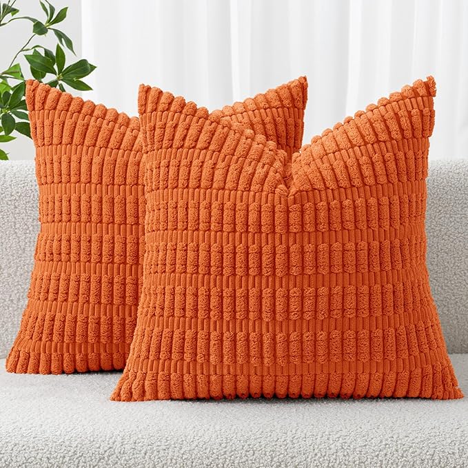 MIULEE Fall Corduroy Decorative Throw Pillow Covers 20x20 Orange Pack of 2 | Soft Boho Striped Pillow Covers Modern Farmhouse Autumn Home Decor For Sofa Living Room Couch Bed
