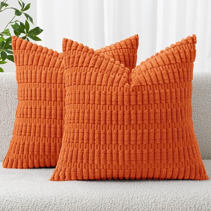 MIULEE Fall Corduroy Decorative Throw Pillow Covers 18x18 Orange Pack of 2 | Soft Boho Striped Pillow Covers Modern Farmhouse Autumn Home Decor For Sofa Living Room Couch Bed