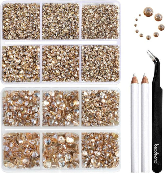 Beadsland 8300PCS Flatback Rhinestones, Gold Rhinestone Round Crystal Rhinestones for Crafts, Mixed 10 Sizes with Wax Pencil and Tweezer Kit, SS3-SS30, Golden Shadow