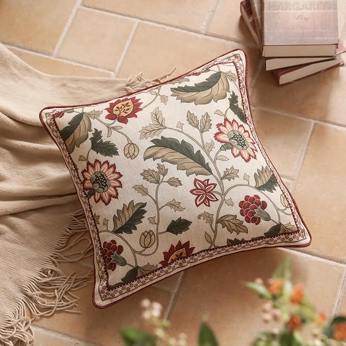 Designer Linen Square Throw Pillow Cover,Set of 2,18"x18"-Ratina A | Vintage French Elegant Pillow Cover,Concealed Zipper Design,Floral Pattern,Sofa,Bedroom,Living Room,Lounge Chairs