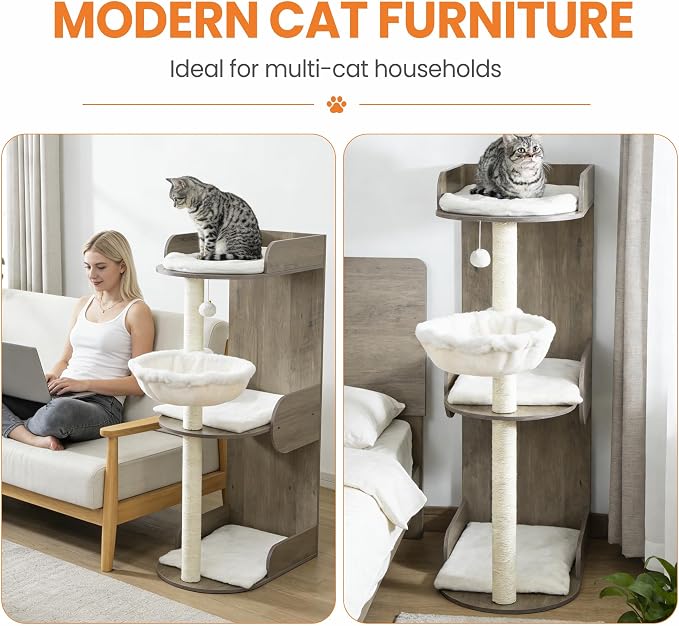 44.8in Modern Wood Cat Tree Tower for Indoor Large Cats with Perch | Multi-level Big Platforms, Sisal Scratching Posts, Cozy Hammock, Washable Pads, Ideal for Windows and Corners, Greige