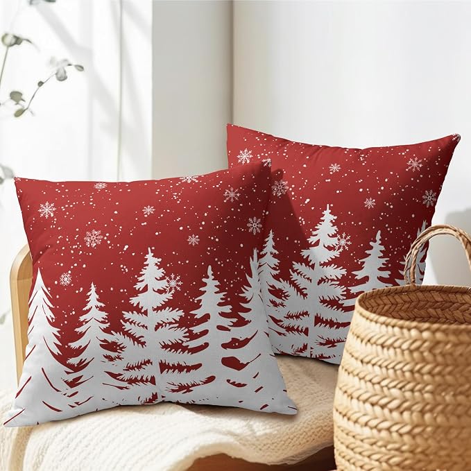 Kawani Christmas Red Pillow Covers 16x16 Inches, 2 Pcs Xmas White Snowflakes and Pine Trees Decorative Pillowcase Cotton Linen Square Cushion Case for Sofa Couch Bed Car Home Décor