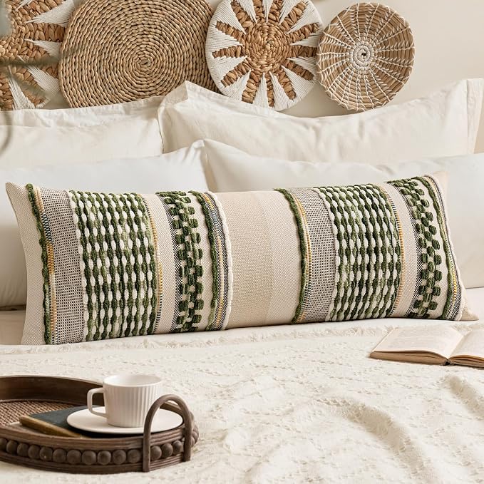 ANRODUO Boho Decorative Pillow Covers Olive Green Stripe 14x36 Pack of 1 | Throw Pillow Covers, Farmhouse Cushion Case, Long Chenille Pillow Cases, Lumbar Pillow Covers, Pillowcase for Sofa Bed
