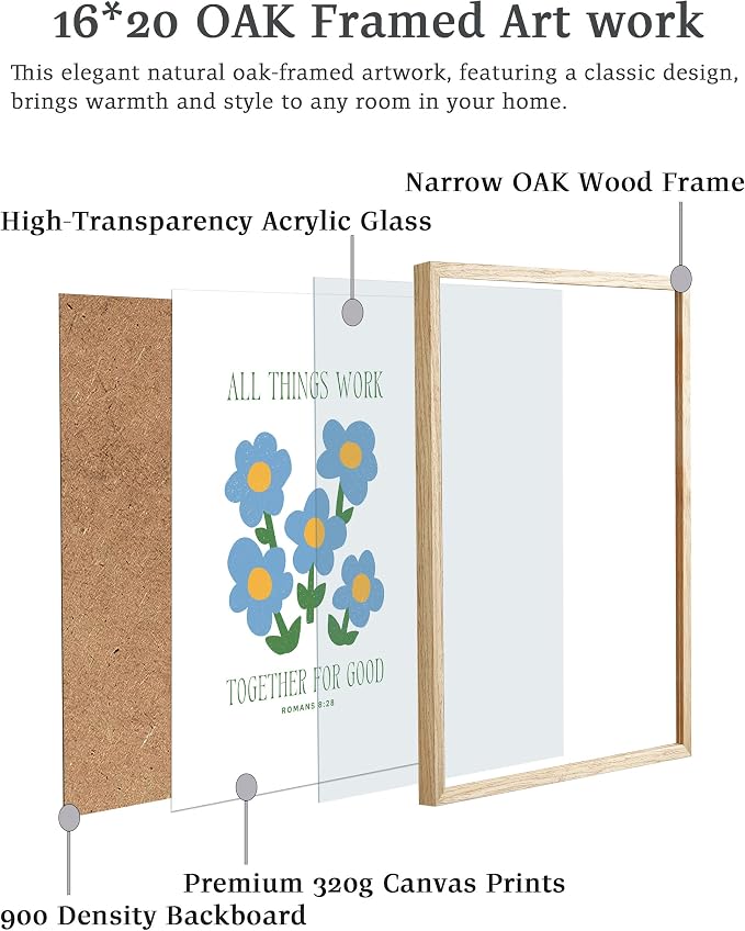 EcoHest 16x20 in Romans 8:28 All Things Work Blue Floral Christian Wall Art | Solid Oak Wood Frame with Canvas Wall Art, Scripture Bible Verse Decor for Bedroom, Living Room, Office, Church, 1Pack