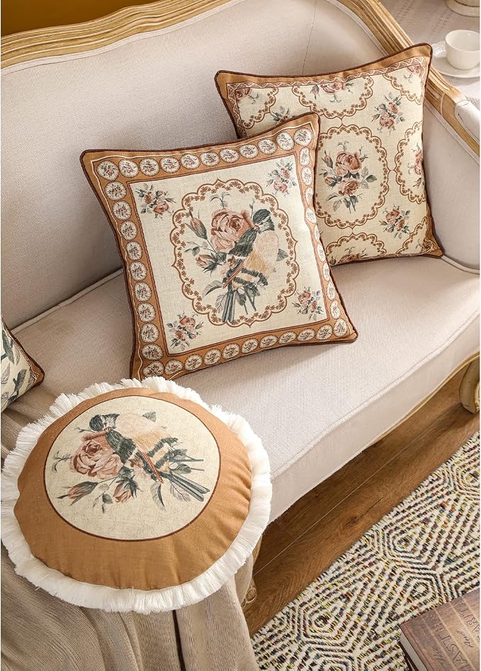 patdrea French Vintage Linen Throw Pillow Cover,18"x18"-ParkerEstate C | Decorative Pillow Case with Zipper,Bird and Floral Pattern,Cushion Coverfor Couch Living Room Bedroom Sofa