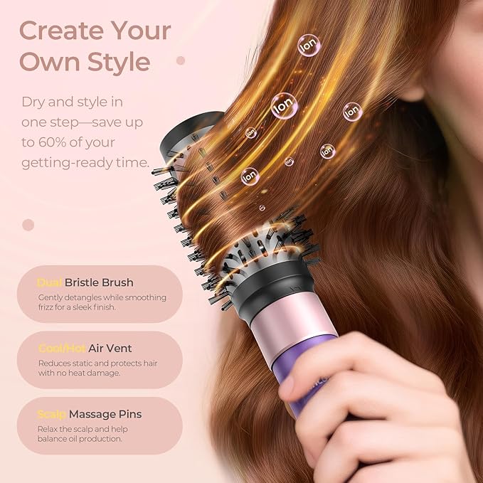 Vincofy 7-in-1 Hair Dryer Brush and Hair Styler Set – Fast Drying, Curling, Straightening & Volumizing – Hot Air Styling Tool with No Heat Damage – for All Hair Types – Purple