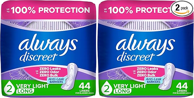 Always Discreet Adult Incontinence & Postpartum Liners for Women, Size 2, Very Light Absorbency, Long Length, 44 Count (Packaging May Vary) (Pack of 2)