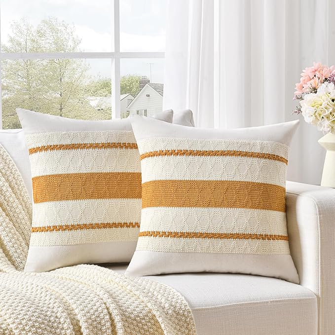 Fancy Homi Set of 2 Mustard Yellow Fall Decorative Throw Pillow Cover 20x20 Inch for Couch Bed Sofa, Autumn Halloween Thanksgiving Home Decor, Soft Cotton Aesthetic Cushion Case
